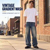 Jean baggy pour homme 470 GSM, denim épais délavé dégradé, coupe large et droite, avec taille élastique pour le streetwear