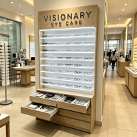 Présentoirs personnalisés pour lunettes de sport avec montures en bois, présentoirs à lunettes de soleil, meubles commerciaux pour lunettes connectées avec tiroirs et éclairage LED
