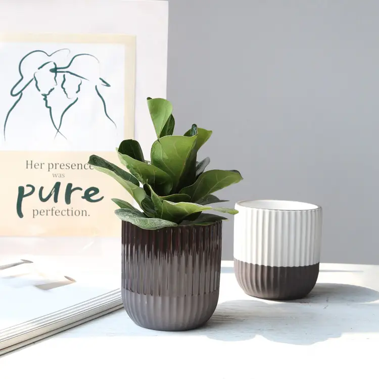 Hot Koop Goedkope Gestreepte Twee Tone Home Decor Indoor Moderne Kunstmatige Macetas Keramische Potten Voor Planten Bloem