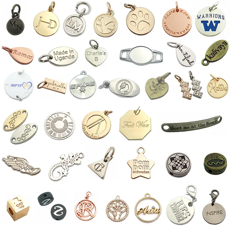 Custom made logo engraved cheap gold pendant metal jewelry tags charms for necklace / bracelet