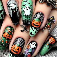 Ongles artificiels d'Halloween Europe Amérique avec motifs de citrouille et de fantôme de dessin animé, ongles à presser ultra-fins sans couture, 30 pièces