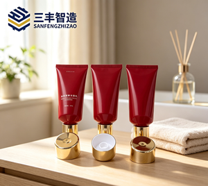 Red Cosmetic Squeeze Tube with Electroplated Gold Cap <b>for</b> Facial Cleanser - Product Image 3
