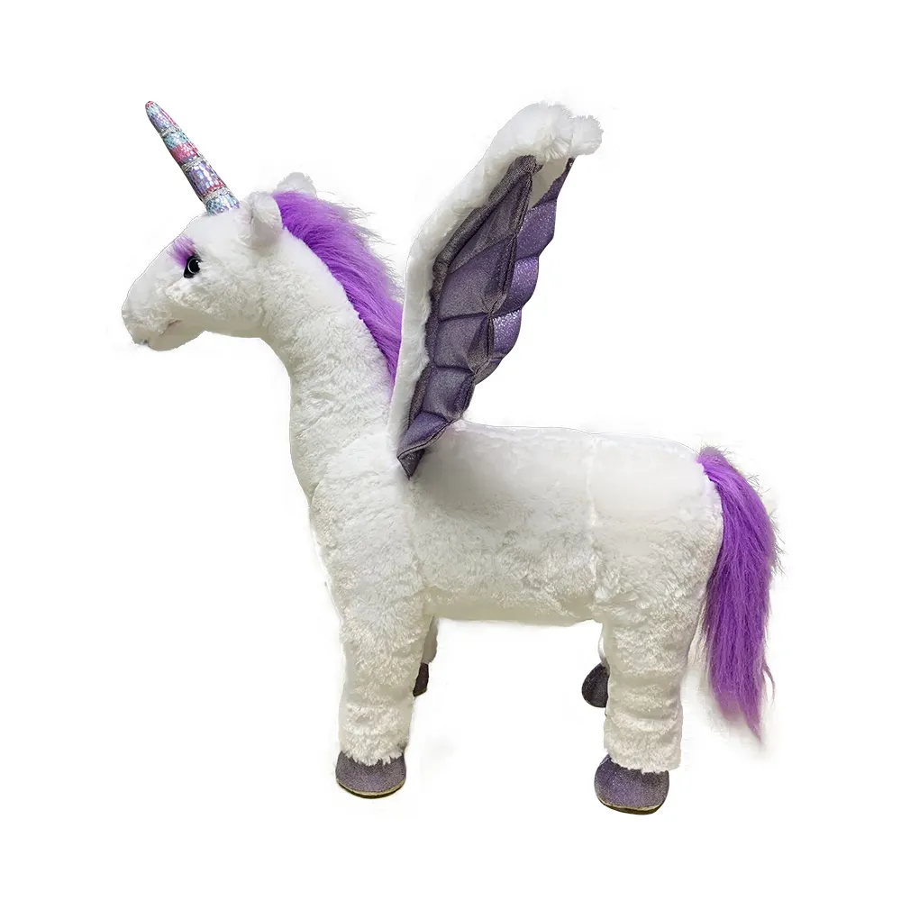 2019 Factory Price Promotion Lifelike Shining Cloth Flying Wings Unicorn Seat Stuffed Animal Toy Realistic Unicorn Plush Toy