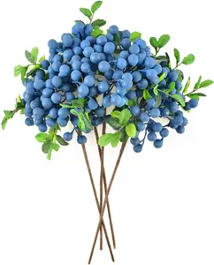 Mirtilos artificiais 4 peças, simulação de flores realista, mirtilo com hastes, frutas falsas, blueberries para casamento, diy, buquê de noiva