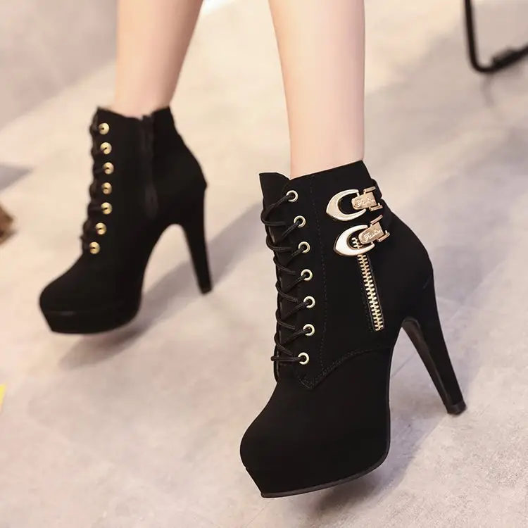 Botas cálidas de 11,5 cm para mujer, botines gruesos puntiagudos con cremallera lateral, botas elásticas, zapatos de otoño e invierno