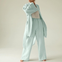 Bata de algodón/lino ecológica de moda personalizada de talla grande para primavera/otoño/verano, con cinturón, conjunto de 2 piezas, manga larga, pantalón largo, ajuste holgado