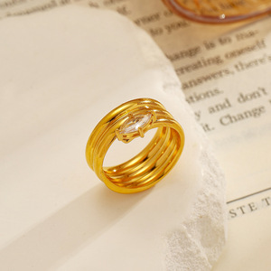 Stainless Steel <b>Ring</b> 18K Gold Plated <b>Titanium</b> Steel With Diamond Prong Setting Geometric Shape Unisex Jewelry Gift - Product Image 1