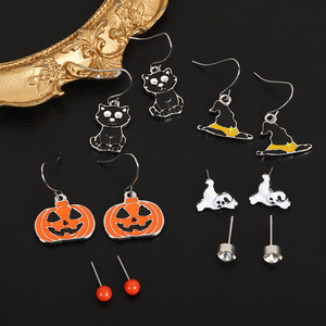 Ensemble de boucles d'oreilles en alliage Halloween, pendentifs citrouille, crâne, fantôme, bijoux de fête pour femmes, été 2024, origine Yiwu - Product Image 2