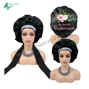 Wholesale Customize Bonnets Sleep Cap Satin Women Night Hat Double Lined Bling Rhinestone Satin Hair Tie Bonnet With Logo Custom