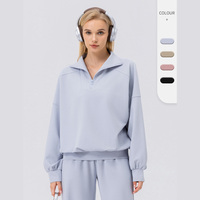 Sweatshirt Wanita Acid Wash dengan Resleting Seperempat, Lengan Panjang, Kasual, untuk Fitness, Jogging, Kerah Tegak, Pakaian Olahraga, Outdoor, Gym