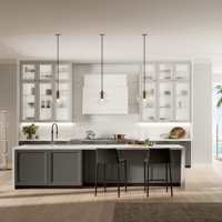 Armoires de cuisine shaker en bois gris sur mesure, portes en verre cannelé, îlot en marbre pour la rénovation de la maison, vente en gros