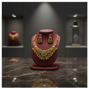 Parure de collier en argent et or de style antique avec motif de temple complexe et accents de pierres colorées, accompagnée de boucles d'oreilles imposantes - Product Image 4