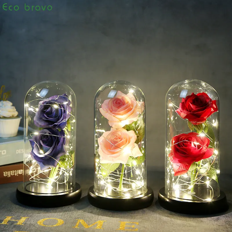 Hot Sale Mother Day Anniversary Gift Eternal Rose Flower With Led Light And Glass Dome Cover For Mom