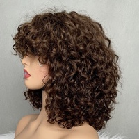Perruque Bob Courte Frisée Naturelle Mavis avec Frange, Cheveux Remy Double Drawn, Bonnet Sans Colle, Densité 200%, Longueur Moyenne, Origine Xuchang Henan