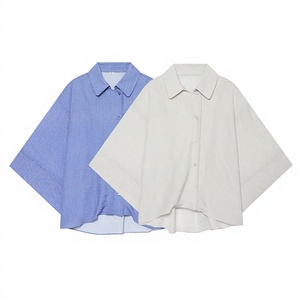 Camisa de Popelina Holgada para Mujer, con Botones, Manga Corta, Hombros Caídos, Color Sólido, Estilo Minimalista para el Día a Día, en Azul y Beige - Product Image 3
