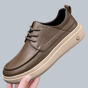 Zapatos casuales de cuero para hombre, con punta redonda, cordones, suela suave, estilo británico, mocasines, zapatos para conducir, color caqui - Product Image 1