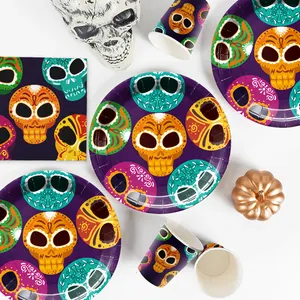 Tema de calaveras de azúcar Día de los muertos Platos de papel desechables impresos personalizados Decoraciones de mesa Juegos de vajilla