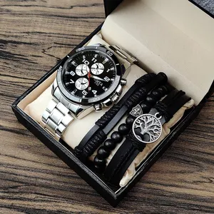 패션 남자 시계 선물 상자 최고 브랜드 손목 시계 남성용 쥬얼리 세트 고급 남자 시계 팔찌 세트 스틸 스트랩 손목 시계
