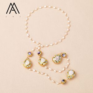 Collier en forme de goutte avec perle naturelle blanche, pierre précieuse <span class=keywords><strong>Larimar</strong></span> et perles de verre violettes, bijou enveloppant pour femme - Product Image 1