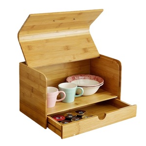 Bamboo <b>Storage</b> <b>Box</b> With Lid And <b>Drawer</b> For Kitchen Bread And Coffee Pods Organizer Rectangle Natural Wood Color - Product Image 1