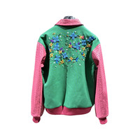 Blouson Bomber Décontracté Vert Rose Personnalisé avec Broderie Florale Contraste Printemps, Style Ample, pour Femme, Ornements Lourds en Cuir d'Autruche