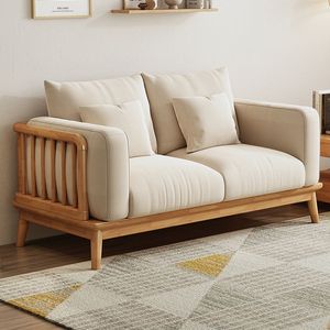 Conjunto de Sofás Modernos Minimalistas em Madeira Sólida e Tecido Estilo Wabi-sabi Creme 1+2+3 para Apartamento Pequeno - Product Image 5