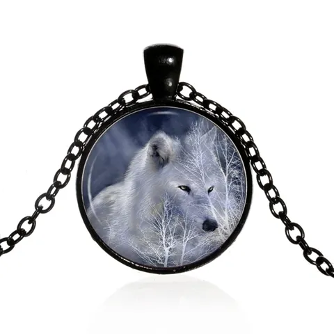 Vintage Nymph Wolf Chain Wolf Art Painting Glass Cabochon Pendant Women Men Animal Jewelry Necklace