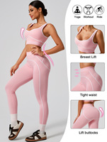 Ensemble de yoga 2 pièces sans couture, respirant, pour femme, avec leggings taille haute froncés et soutien-gorge de sport à col en V, tenue de fitness pour la gym