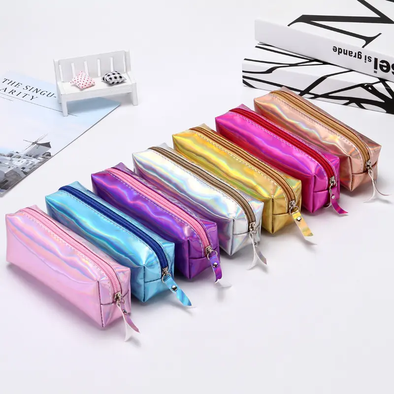 7 renkler basit tasarım yanardöner lazer PU kalem kutusu öğrenciler ofis geri okul kırtasiye malzemeleri makyaj çantası