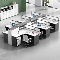 Bureau de travail modulaire extra large pour 6 personnes avec armoire de rangement centrale, cloison en verre insonorisée entièrement rayée, table de bureau