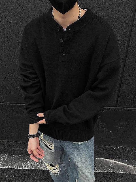 Men's Retro Henley Collar Sweater for Men Fall Winter Lazy Style Loose Long Sleeve Men's Base Layer Knitted Shirt