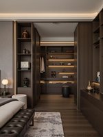 Dressing sur mesure en bois foncé de luxe, armoire italienne moderne avec éclairage LED, système de rangement sur mesure pour toute la maison