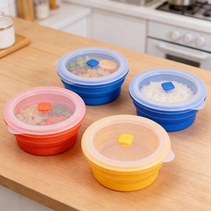 Microwave Safe <b>Kids</b> Lunch <b>Box</b> Silicone Food <b>Storage</b> Container with Plastic Lid Leak Proof Foldable Collapsible 2 Compartments - Product Image 1