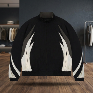 <b>Men's</b> Black Windproof Quick Dry Polyester/Cotton Sporty <b>Racer</b> <b>Jacket</b> White Color Blocking Zipper Closure Stand Collar Long - Product Image 3