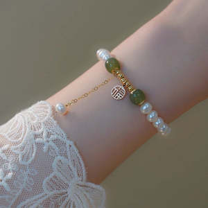 Pulsera de Jade Hetian con Perlas de Ágata, Chapada en Oro de 14K, Estilo Chino Retro, con Cuentas y Perla de Agua Dulce - Product Image 5
