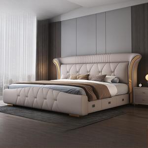<span class=keywords><strong>Lit</strong></span> double king-size en cuir simple et tendance, mobilier <span class=keywords><strong>de</strong></span> chambre à coucher, brun clair, confortable, rembourré, avec rangement - Product Image 1