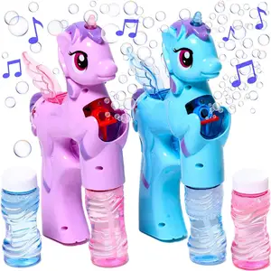 Bláster de burbujas de unicornio con luz y sonido, incluye 1 pistola de burbujas y 2 botellas de solución de burbujas para niña y niño