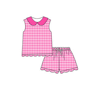 GSSO3395 Conjunto de ropa de verano para niña pequeña con estampado a cuadros rosa intenso, ropa infantil al por mayor, conjunto de ropa para niña de manga corta. - Product Image 1