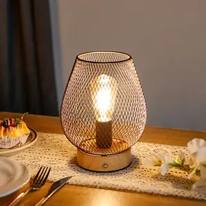 Metal Cage Lamp With Wooden Base Rechargeable Battery Lamp Adjustable Brightness For Home Kids Night