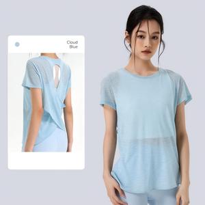 เสื้อโยคะผู้หญิงแบบขายส่ง คอไขว้เว้าหลัง แขนสั้น ระบายอากาศได้ดี เสื้อออกกำลังกายทรงหลวม แห้งเร็ว ชุดกีฬา - Product Image 5