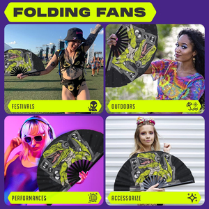Großer Bambus-Klappfächerfächer mit DJ-Dinosaurier-Design und Kopfhörer-Lautsprecher-Print – <span class=keywords><strong>Rave</strong></span>-Fächer für Musikfestivals, Partys und als Foto-Requisite - Product Image 3