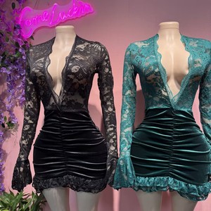 Comeluckin Abito Sexy in Velluto con Patchwork, Elegante Vestito da <span class=keywords><strong>Donna</strong></span> con Scollo a V Profondo in Pizzo, Orlo Plissettato a Strati, Mini Abito Aderente Sexy da Festa - Product Image 5