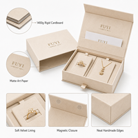 Coffret à bijoux en carton rigide écologique avec pelliculage brillant et gaufrage, couvercle magnétique à rabat, logo personnalisé et inserts en velours