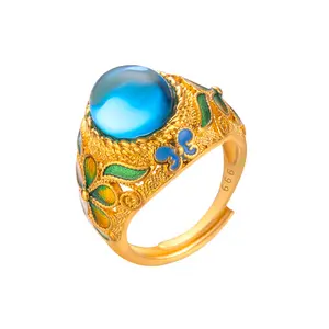 High Quality Retro Floral Inlaid Palace Style Gemstone Jewelry Fashionable Gold-Plated Brass Adjustable Size Ring Gift