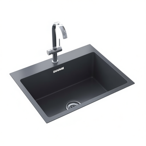 Évier de cuisine Shaniz en acier inoxydable noir, simple bac, finition mate, à poser sur comptoir, avec robinet - Product Image 1