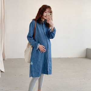 Nueva ropa de primavera para mujeres embarazadas, Camisa <span class=keywords><strong>vaquera</strong></span> holgada de estilo coreano para mujeres embarazadas, <span class=keywords><strong>falda</strong></span> de talla grande, camisa de manga larga - Product Image 1