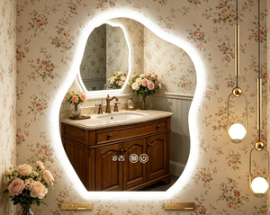 Smart <b>Mirror</b> With <b>LED</b> Lighting Irregular Shape Wall Mounted Touch Control Wooden Frame Minimalist Design Bathroom Use - Product Image 6