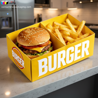 Boîte à hamburger et frites en papier, personnalisable, dimensions sur mesure, matière alimentaire 100% jetable, logo personnalisé.