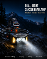 Lampe frontale LED rechargeable à double source lumineuse avec détecteur de mouvement, 8 modes, lumière blanc chaud, pour travaux de construction et camping