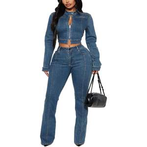 Ensemble en jean personnalisé 2026 pour femme : veste courte à manches longues et jean, tenue 2 pièces style Y2K en coton avec détails de fermeture éclair - Product Image 4